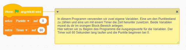 Scratch Code zum Variablen initialisieren
