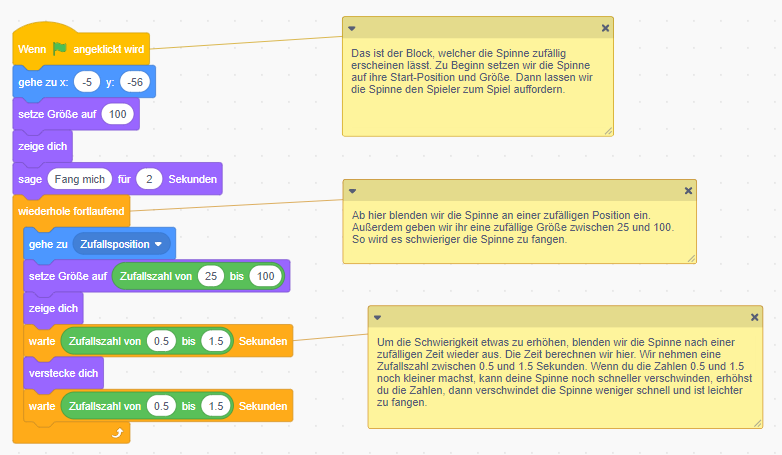 Scratch Code zum der Programmsequenz Spinne