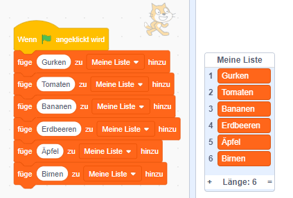 Screenshot Beispiel Listenvariable in Scratch
