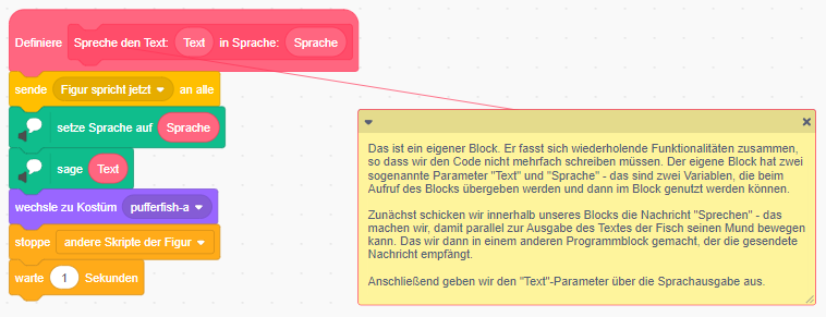 Screenshot Programmsequenz eigener Block "Sprechen"