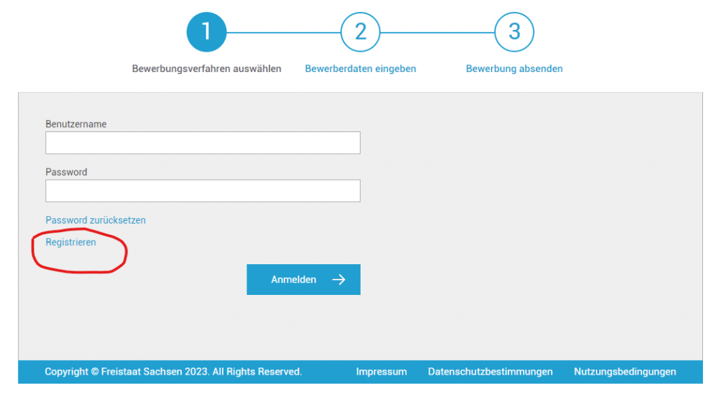 Screenshoot Registrierung Bewerbungsportal