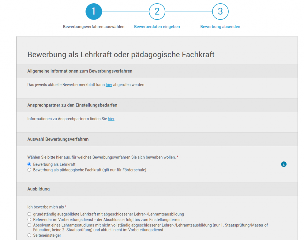 Screenshot Auswahl Bewerbungsverfahren im Bewerbungsportal des SMK