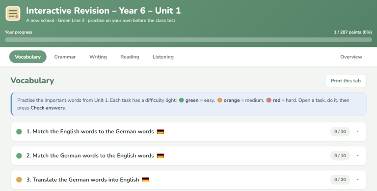 Interaktives Tool : Wiederholung Unit 1, Klasse 6 (Klett Green Line)