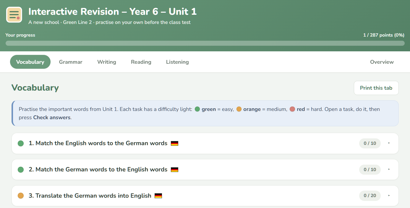 Interaktives Tool : Wiederholung Unit 1, Klasse 6 (Klett Green Line)