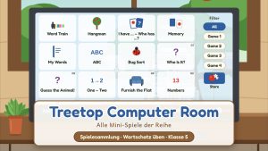 Der Desktop des Treetop Computer Room mit den Mini-Spielen Word Train, Hangman, Memory, ABC und Bug Sort, einem Filter für Spiel 1–4 und dem Store; Titel „Treetop Computer Room“, darunter „Alle Mini-Spiele der Reihe“ und „Spielesammlung · Wortschatz üben · Klasse 5“