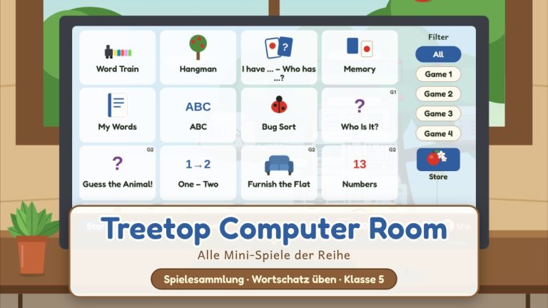 Der Desktop des Treetop Computer Room mit den Mini-Spielen Word Train, Hangman, Memory, ABC und Bug Sort, einem Filter für Spiel 1–4 und dem Store; Titel „Treetop Computer Room“, darunter „Alle Mini-Spiele der Reihe“ und „Spielesammlung · Wortschatz üben · Klasse 5“
