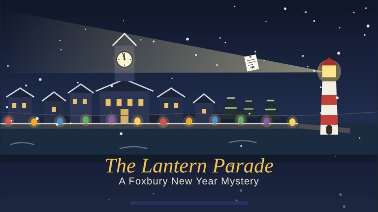„Foxbury an Silvester bei Nacht: verschneite Häuser, bunte Laternen, die Rathausuhr kurz vor zwölf und ein Leuchtturm, dessen Lichtstrahl einen Zettel mit einem gezeichneten Auge trifft. Titel: The Lantern Parade – A Foxbury New Year Mystery“