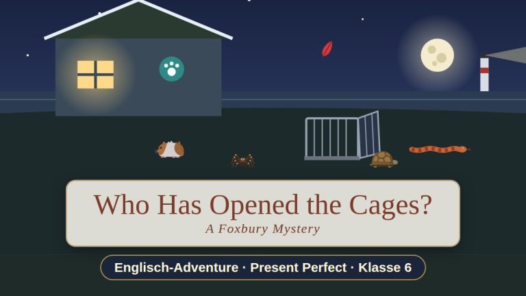 Nachts vor dem Tierheim von Foxbury: ein offener Käfig, dazu ein Meerschweinchen, eine Vogelspinne, eine Schildkröte und eine Schlange. Titel: Who Has Opened the Cages? – A Foxbury Mystery