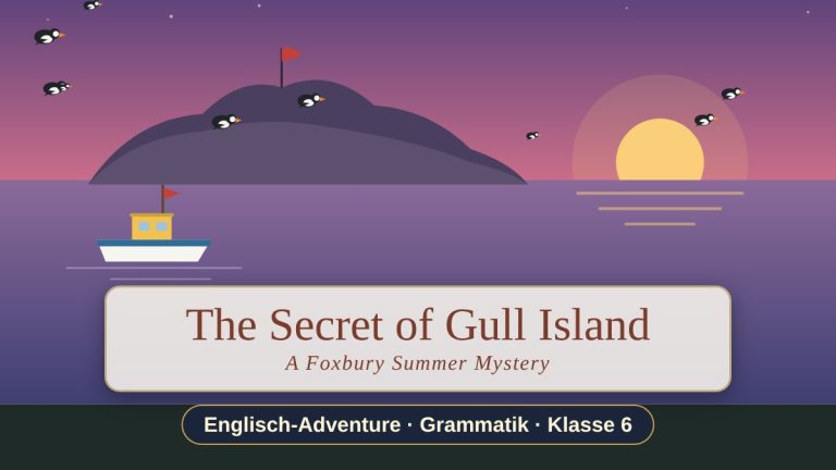 „Gull Island im Abendlicht: eine Felseninsel mit roter Fahne, davor ein Fischerboot, in der Luft fliegende Papageitaucher und eine tiefstehende Sonne. Titel: The Secret of Gull Island – A Foxbury Summer Mystery“