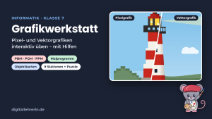 Grafikwerkstatt – ein Leuchtturm halb als Pixelgrafik, halb als Vektorgrafik, daneben Maus Byte als Werkstattmeister mit Baskenmütze, Pinsel und Palette