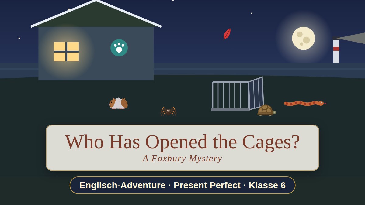 Nachts vor dem Tierheim von Foxbury: ein offener Käfig, dazu ein Meerschweinchen, eine Vogelspinne, eine Schildkröte und eine Schlange. Titel: Who Has Opened the Cages? – A Foxbury Mystery