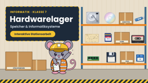Maus Byte als Lagerchef mit Schutzhelm und Klemmbrett vor Regalen mit Festplatte, CD, Disketten, USB-Stick und SD-Karte – Titel „Hardwarelager“